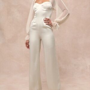 Lulu's Cream Jumpsuit with Sheer Sleeves